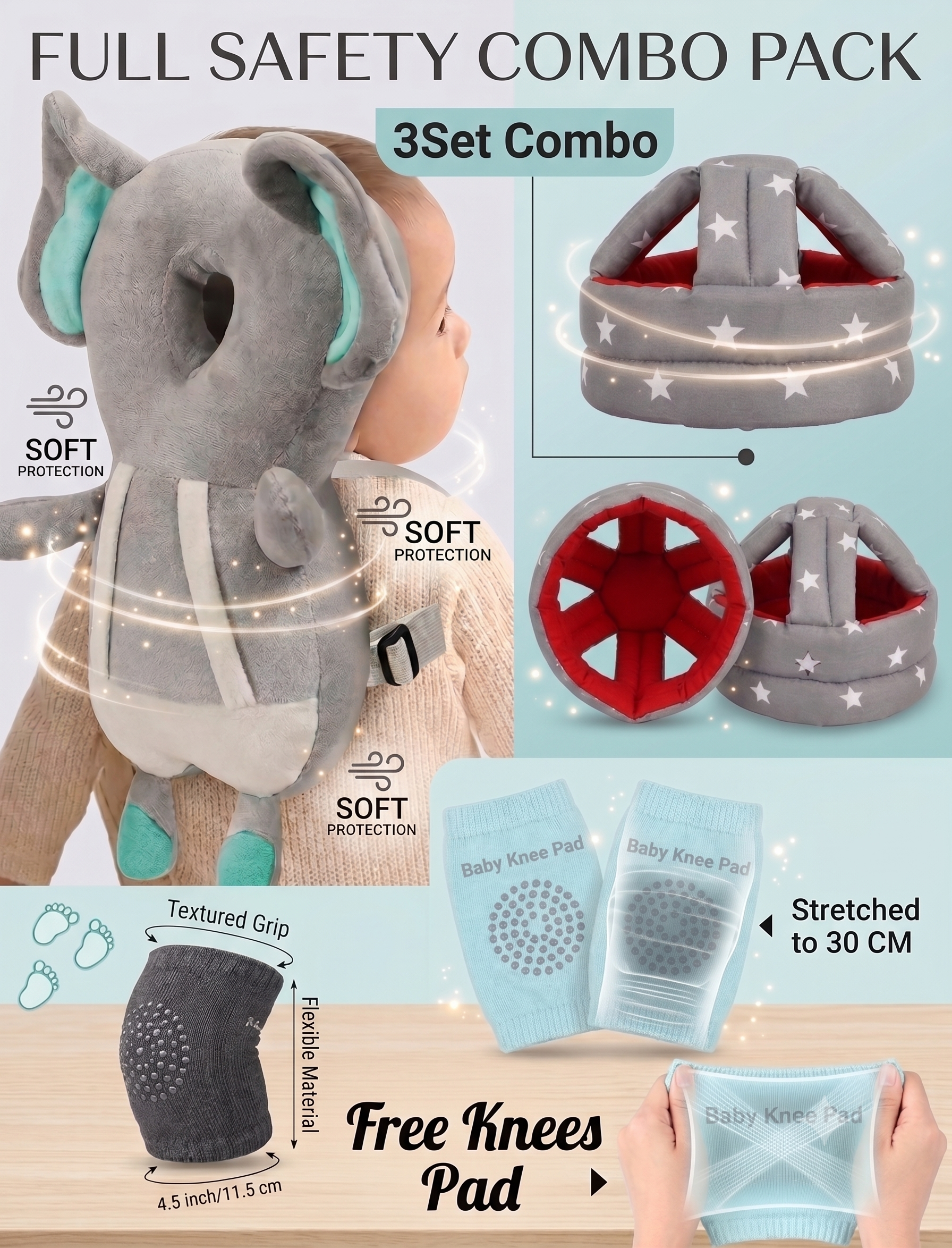 3-in-1 Baby Safety Combo – Head Protector Helmet & Knee Pads for Crawling and Walking
